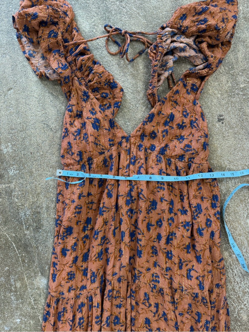 Jen’s Pirate Booty Rust Floral Maxi Boho Dress with Deep V-Neck OBO Glitter Gold - Picture 11 of 13